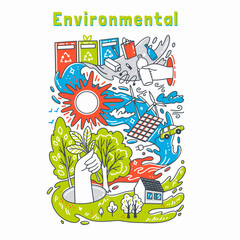 Environmental save and recycle theme hand drawn vector illustration, ecology and pure energy concept
