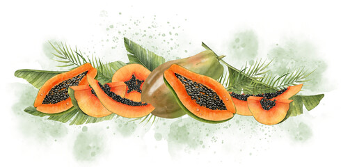 Papaya Fruit and green palm Leaves with abstract watercolor splashes. Hand drawn illustration of exotic tropical plants on isolated background. Horizontal composition with juicy food in orange color