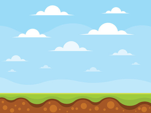 Simple game background with grass, blue sky and white clouds. Vector graphics