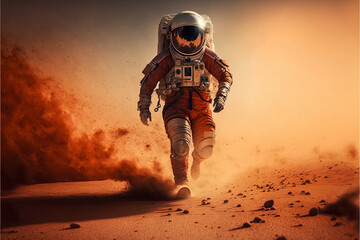 Obraz na płótnie Canvas an astronaut walks over a red desert planet and kicks up a lot of dust. Generative AI
