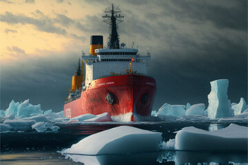 an icebreaker or expedition ship swims between large ice floes in the arctic. Generative AI