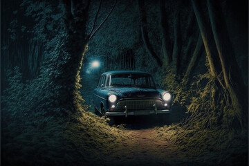 Obraz na płótnie Canvas an old car stands in the dark forest. Generative Ai