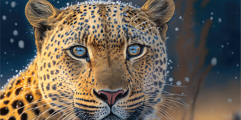 closeup of a beautiful leopard in winter with snowflakes. Generative AI