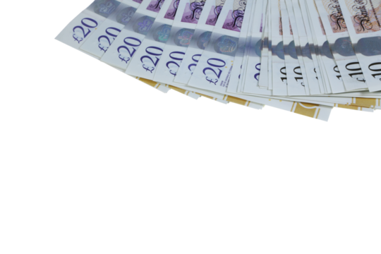 A plan view spread of twenty pound notes sterling transparent png .