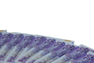 A plan view spread of twenty pound notes sterling transparent png .