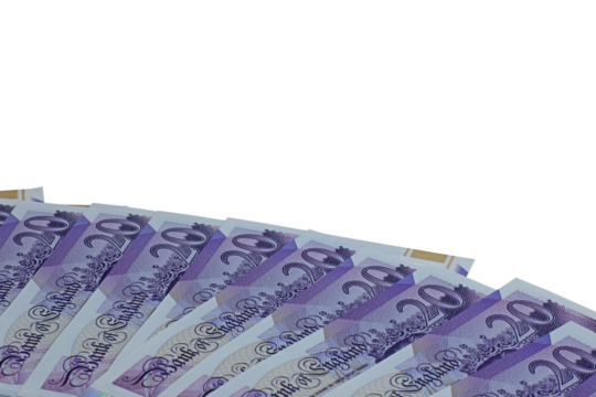 A plan view spread of twenty pound notes sterling transparent png .