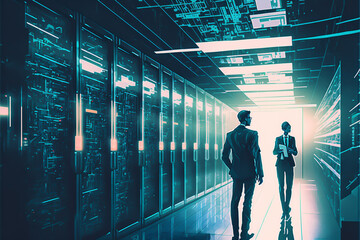 Business people in a data centre are collaborating to leverage their expertise and resources, utilizing cutting-edge technology to drive success. generative ai