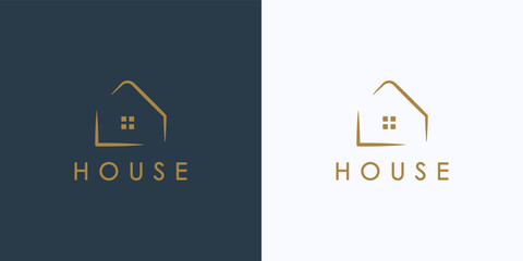 House Logo Line. Gold House Symbol with window isolated on Double Background. Usable for Real Estate, Construction, Architecture and Building Logos. Flat Vector Logo Design Template Element.