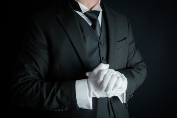Portrait of Butler in Dark Suit and White Gloves Eager to be of Service. Concept of Service...