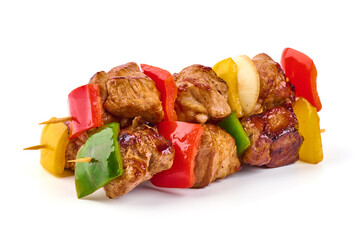 Grilled meat skewers, roasted shish kebab with onion and tomatoes, isolated on white background.