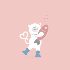 cute and lovely hand drawn cat and fish, happy valentine's day, love concept, flat vector illustration cartoon character costume design