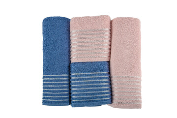 Folded Bath Towel Set and bath robe set. Bathrobe and slippers isolated on white.