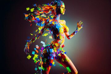 Fototapeta na wymiar A fictional person. Silhouette of a Beautiful Woman in Full Body Dynamic Pose Disintegrating into Colorful Glowing Micro Voxels - A Fusion of Dance, Sport, and Vector Art. Generative Ai