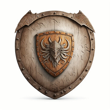 old viking shield made of wood, isolated on a white background. Generative AI