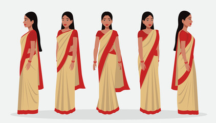 Indian woman with saree character set - obrazy, fototapety, plakaty