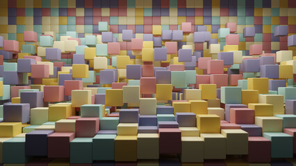 3D rendering 8K wallpaper background of retro-colored realistic random shuffled cubes