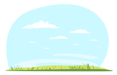 Fototapeta na wymiar Green lawn with grass against blue sky with white clouds, summer sunny glades with field grasses and blue sky, freedom landscape illustration, empty glade template
