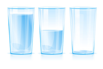 Set of three glasses isolated, one glass of clean blue fresh water isolated, glass half filled with water, empty glass, clean drinking water illustration, cool refreshing drink
