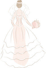 Fototapeta premium Girl in pink wedding dress and veil with bouquet