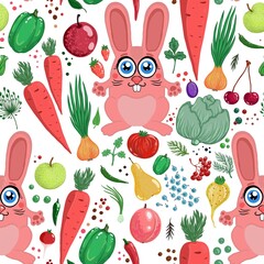 easter pattern seamless background fabric design print wrapping paper digital illustration texture wallpaper watercolor paint with bunny rabbit and vegetables