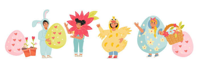 Funny kids in costumes for Easter and spring holidays, flat vector illustration isolated on white. Children at the Easter party or festival.