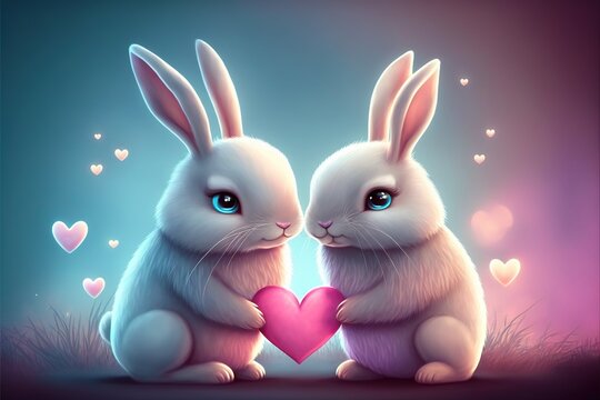 Cute bunnies in love with a heart Valentine's Day illustration generative ai