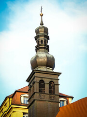 Fototapeta na wymiar Historical church tower in Old Town, Bratislava, Slovakia
