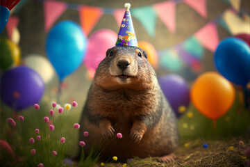 Groundhog Celebrating with Party Hat and Air-Balloons in the Background
