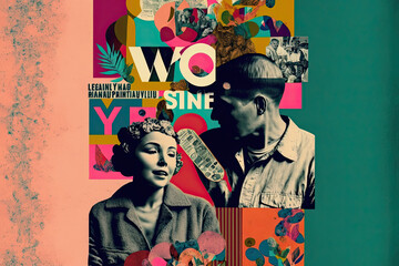 Generative AI illustration of a colorful poster or collage in vintage and modern style with people and various characters representing the relationships between people. Artwork and illustration