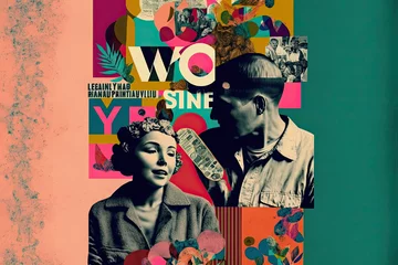 Wandaufkleber Generative AI illustration of a colorful poster or collage in vintage and modern style with people and various characters representing the relationships between people. Artwork and illustration © Supermelon