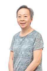 Smiling senior asian woman looking at camera, wearing lace tshirt isolated on white background