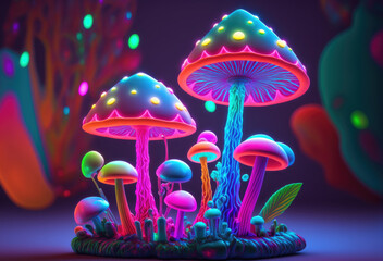 Neon mushroom with bokeh light in background