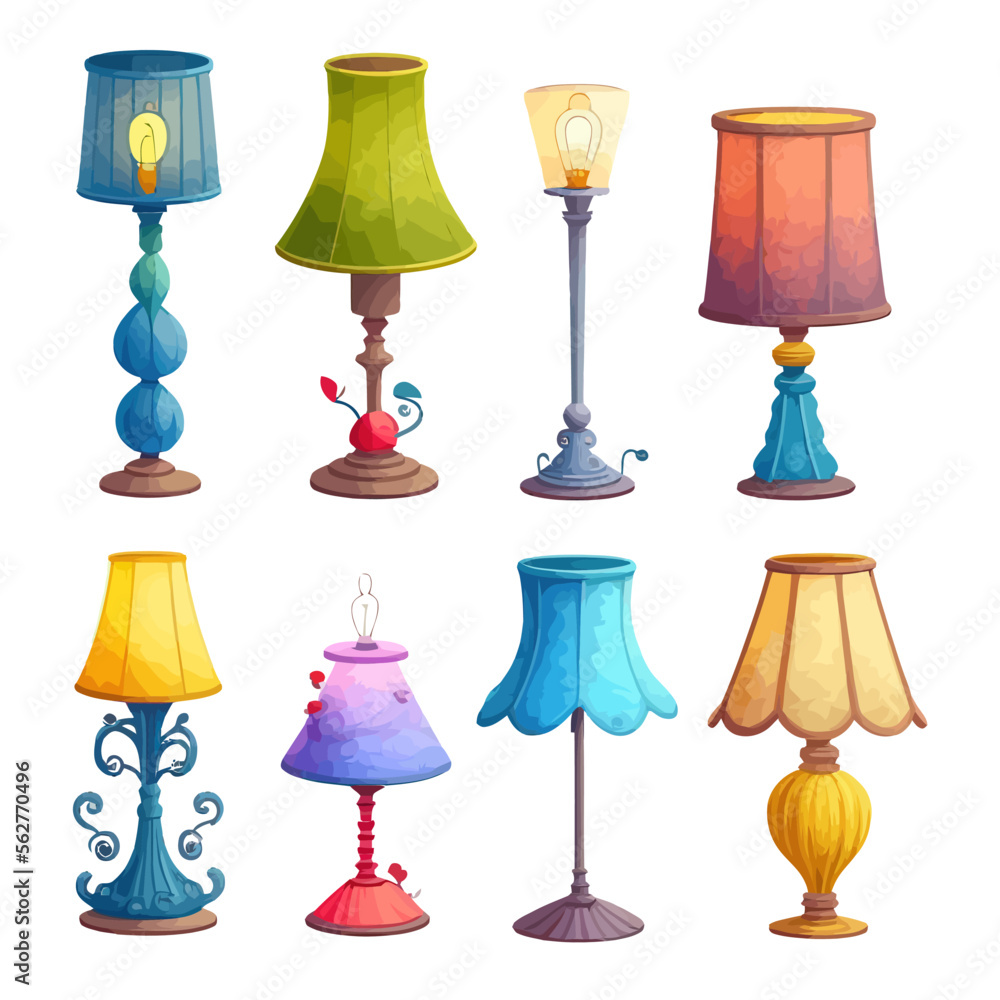 Poster set of cartoon lamps, floor and table torcheres with different lampshades on long and short stands. 