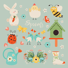 A set of spring design elements, badges, stickers, Vector illustration