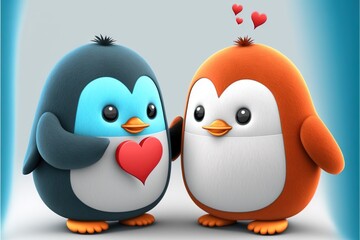 Fototapeta premium Cute penguin couple in love Valentine's Day illustration generative ai