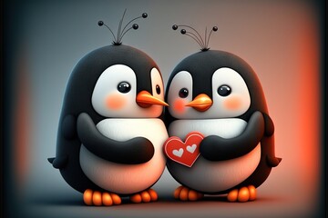 Fototapeta premium Cute penguin couple in love Valentine's Day illustration generative ai