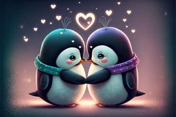 Fototapeta premium Cute penguin couple in love Valentine's Day illustration generative ai