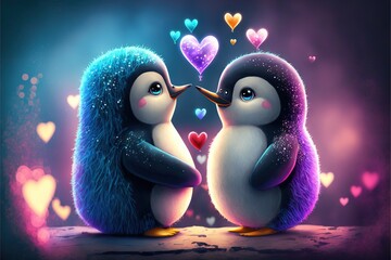 Cute penguin couple in love Valentine's Day illustration generative ai