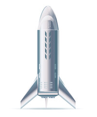 Realistic metallic rocket spaceship standing on ground, space transportation technology, quality illustration isolated on white