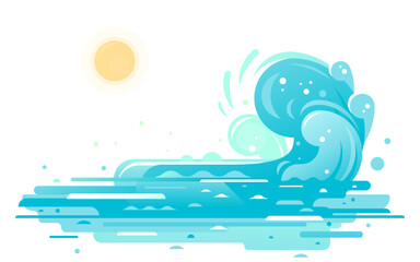 Simple waves of water in flat style isolated, big blue ocean wave in side view with sun, wonderful big creative surfing wave