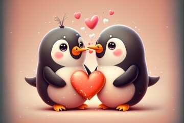 Obraz premium Cute penguin couple in love Valentine's Day illustration generative ai
