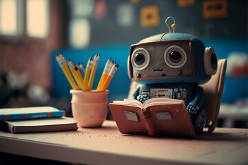 Fototapeta little cute robot sits at a school lesson at a desk, does homework, technological progress, cartoon style, school robot, android student, near future, art created by ai obraz
