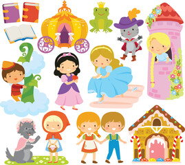 Obraz na płótnie Canvas Fairy tales clipart set. Cute cartoon characters from famous folktales.