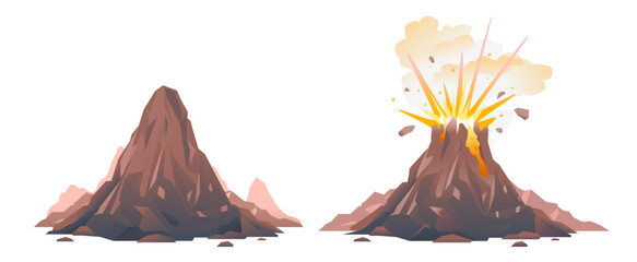 One big brown volcano with explosion and smoke, volcano before the eruption, volcano eruption of orange lava flows down the hill and stones flying in the air, isolated © Oceloti