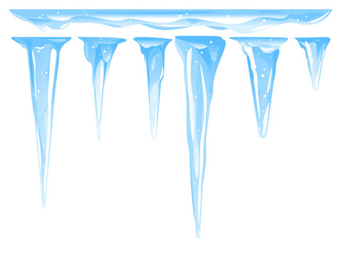 Blue frozen icicle cluster hanging down from snow-covered ice surface, set of different quality detailed icicles with snow isolated, carefully drop the icicles
