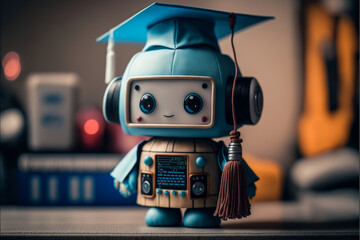 little cute robot wearing a turquoise graduation cap, beautiful big eyes, technological progress, cartoon style, robot student, android child, near future, created by ai - obrazy, fototapety, plakaty