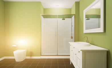 Modern bathroom including bath and sink. 3D rendering.. Sunset.