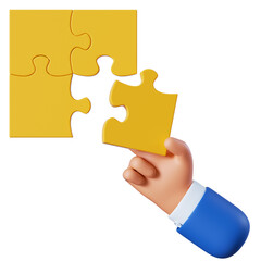 3d render, cartoon character hand and puzzle game, problem and solution concept, icon isolated on white background