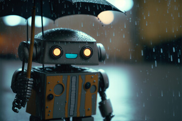 little cute robot in the rain with umbrella, beautiful eyes, technological progress, cartoon style, android child, near future, art created by ai