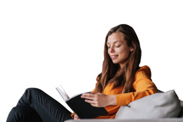 Young adult beautiful brunette woman in orange blouse holding book, relaxing home. Confident hispanic female psychologist looks at her diary, prepares for client. Girl against transparent background.